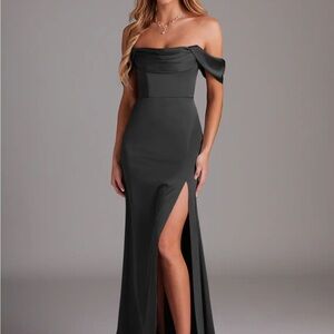 Azazie Black Sheath Off the Shoulder Stretch Satin Dress
